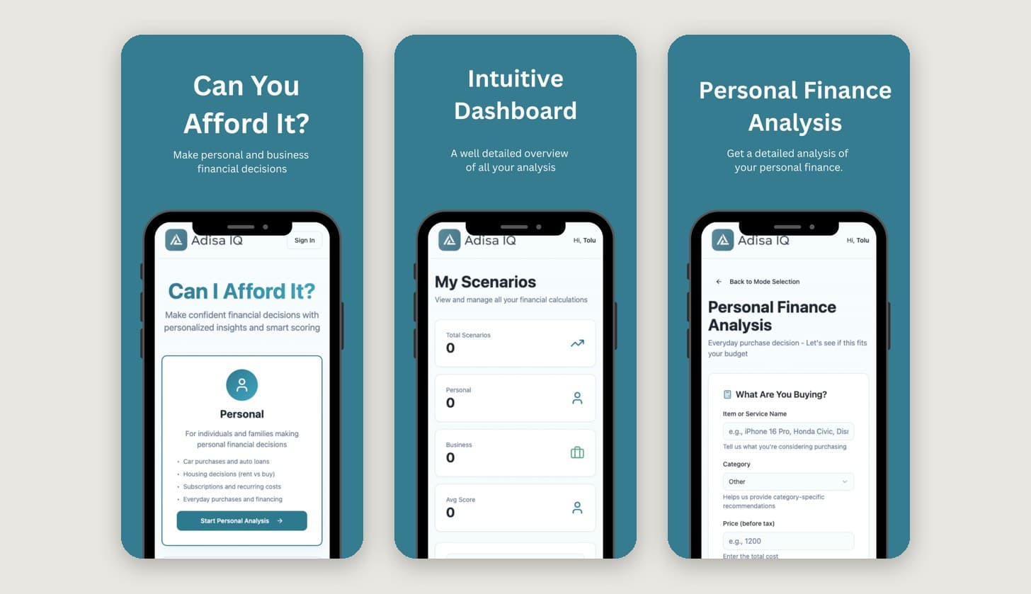 Adisa IQ screens: the Can I Afford It home screen, the scenarios dashboard and a purchase analysis form