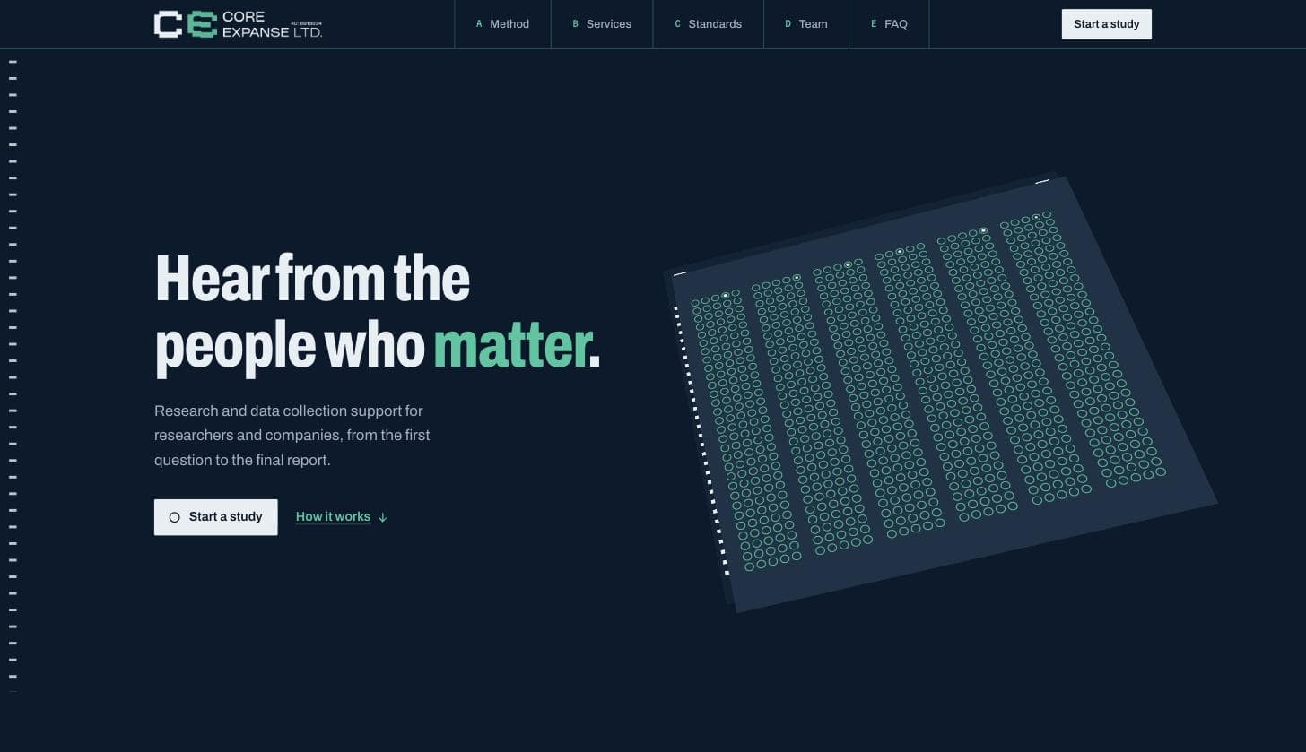 Core Expanse home page: headline beside a tilted 3D answer sheet