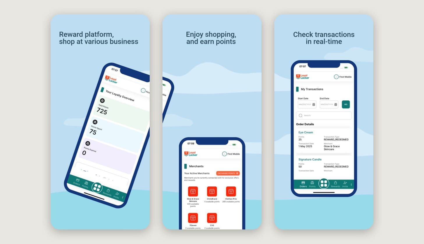 Loyal Locker screens: loyalty points overview, partner merchants and transaction history