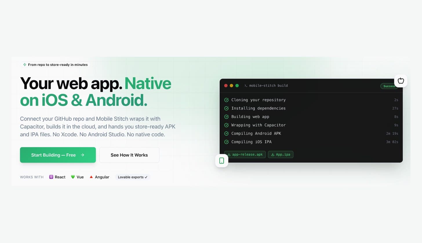Mobile Stitch website: a live build log ending in an Android APK and an iOS IPA