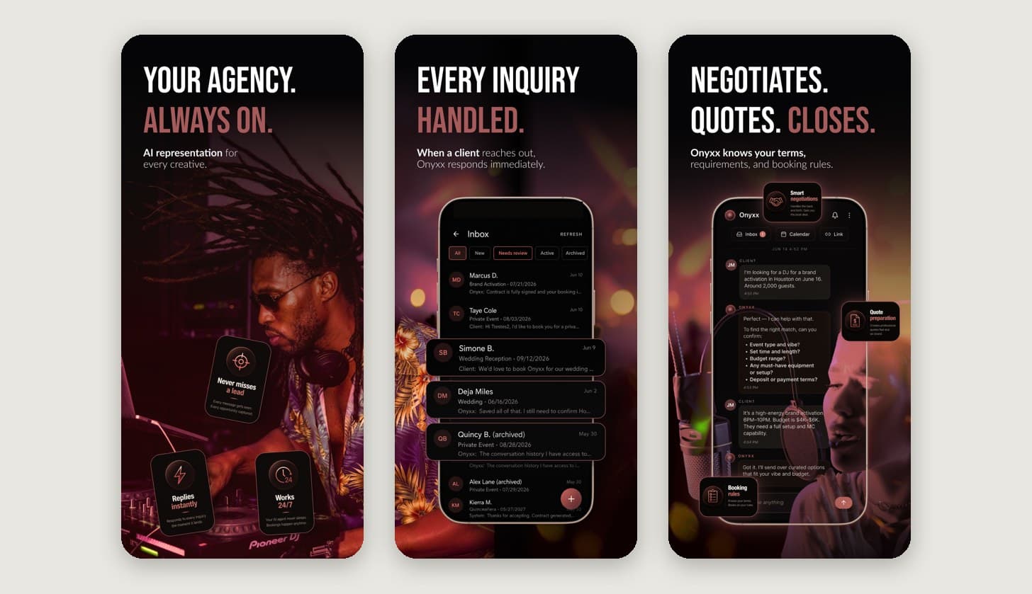 Onyxx App Store screens: an always-on agency, an inquiry inbox and quote negotiation