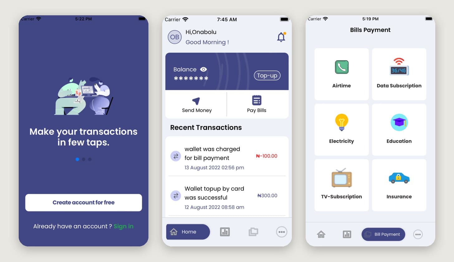 SpeedPay screens: onboarding, wallet balance with recent transactions, and bill payment categories